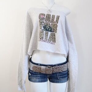 y2k california leopard graphic cropped sweatshirt off shoulder grey